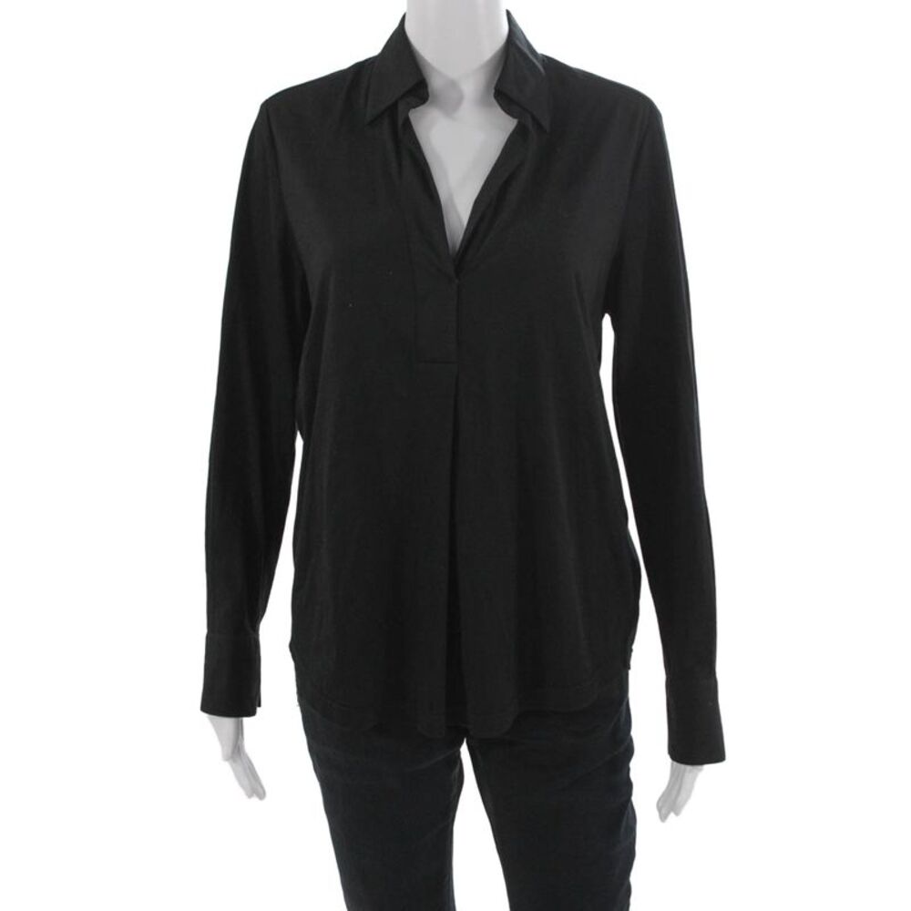 XACUS Women Black Basic Cotton Modal Long Sleeve Collared Button Blouse Size 40